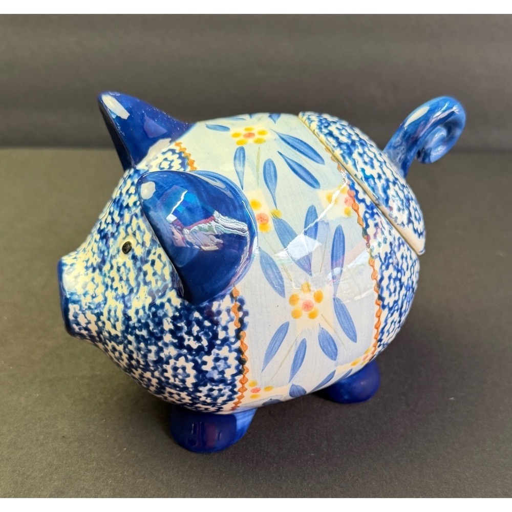 Temp-tations Tara Pig Canister Old World Blue Ceramic Lidded Jar Spice Salt Jar